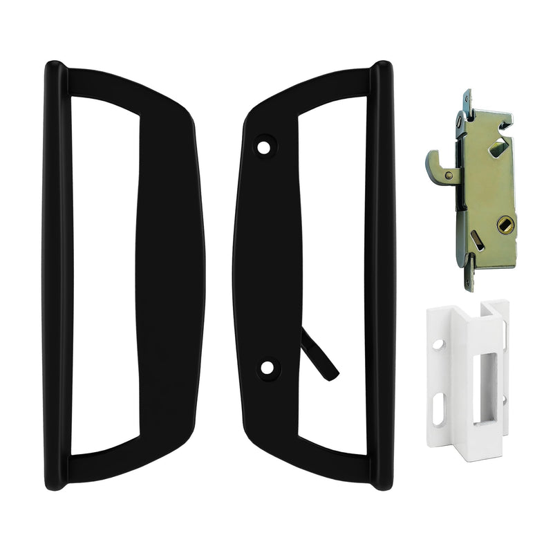 Brixwell Patio Door Handle Set with Keeper and Lock, Black Finish Metal Construction, Sliding Door Hardware Replacement, 3-15/16" Hole Spacing, Fits Residential and Commercial Patio Door Systems