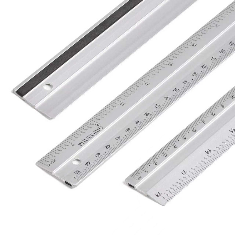 Easy to Read 18 Inch Aluminum Ruler 3-Pack, Dual Sided Imperial Metric Scale with Anti-Slip Strip & Hang Hole for Woodworking,Drafting,Drawing,Measuring,Engineering.