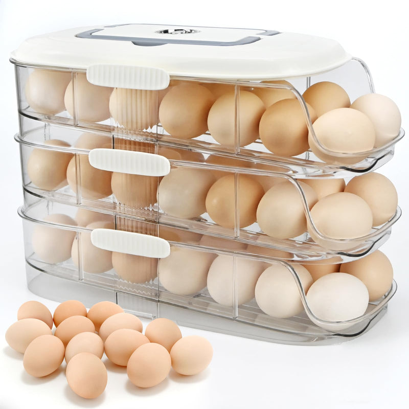 Egg Dispenser for Refrigerator, 3-Layer Clear Plastic Egg Holder Adopt Transparent PET Material & Hidden Handle Design – Egg Organizer for Refrigerator with Cover Lock Buckle (Capacity of 42 Eggs) Capacity of 42 Eggs