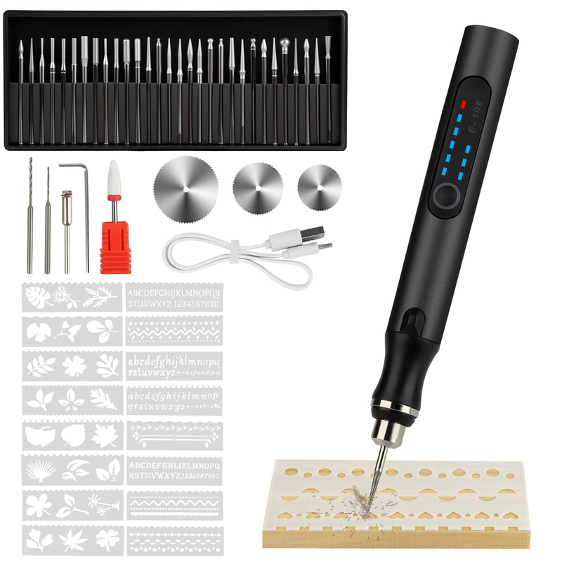 Electric Engraving Pen with 37 Bits, USB Rechargeable Cordless Engraver Pen, Portable Engraving Tool Kit, Engraving Pen for Metal, Wood, Glass & Plastic Black (Black)