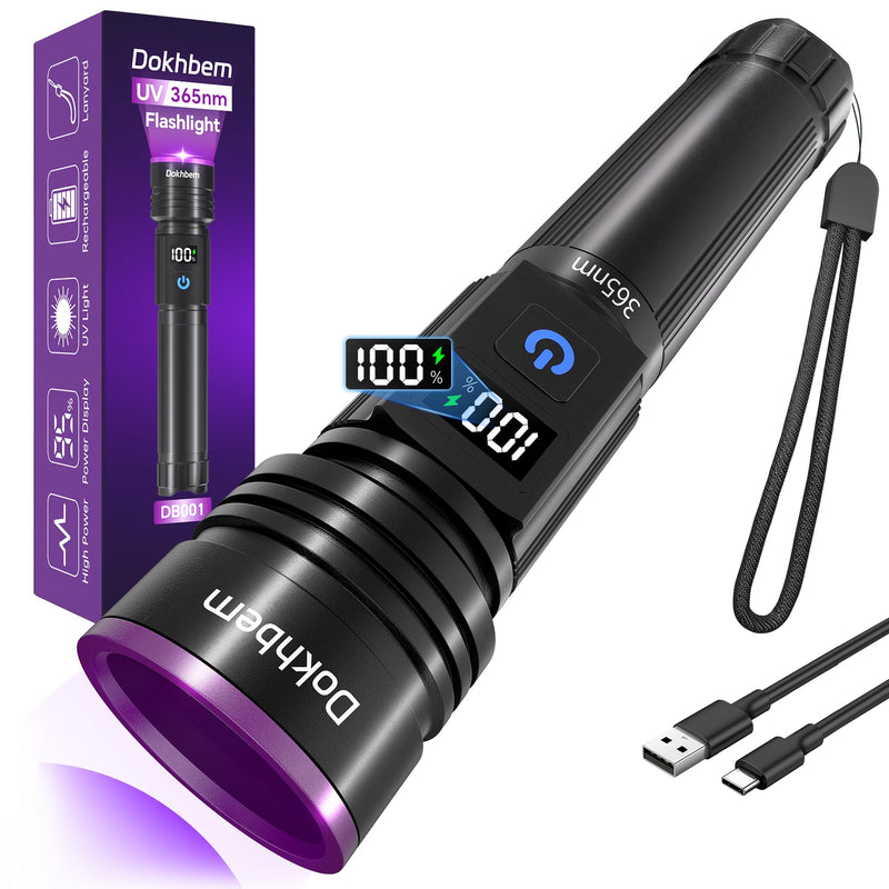 365nm UV Flashlight Rechargeable, Black Light Flashlight with LCD Display, Powerful Ultraviolet Lights for Pet Urine Detection, Resin Curing, Rockhounding, Scorpion, Uranium Glass, A/C Leak