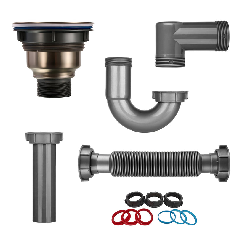 Complete Kitchen Sink Drain Kit with 3-1/2 Inch Strainer Assembly, 1-1/2" P-Trap Plumbing Pipe, Universal Flexible Drain for Wall or Floor Outlet, Includes Basket, Gaskets & Tailpiece