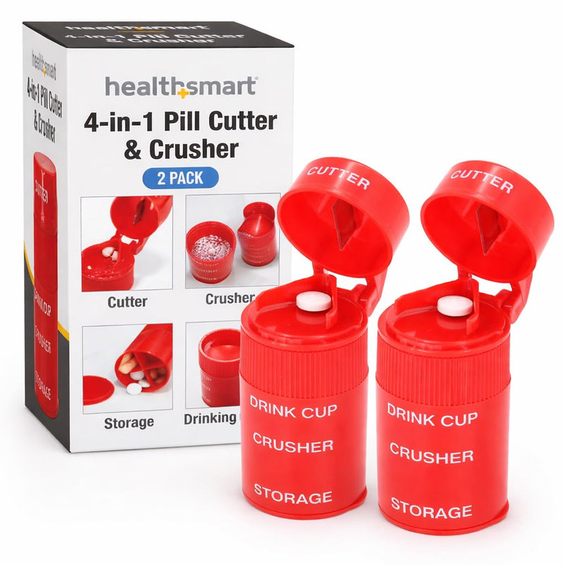 HealthSmart 2 Pack - 4-in-1 Pill Cutter, Crusher & Storage with Drinking Cup, Portable Medication Organizer for Travel, Seniors, Splitter, Pill Box for Small and Tiny to Large Pills – Multi-Tool
