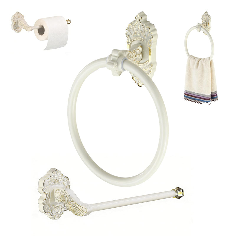 2 Pcs Antique White Toilet Paper Holder Towel Ring, Towel Rings for Bathroom Wall Wall Mount Sturdy Punch-Install Retro Vintage Bathroom Hardware
