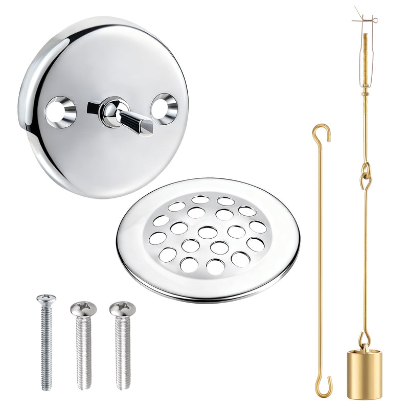 Bathtub Drain Linkage Replacement with Trip Lever Linkage and Faceplate, Strainer Cover, Tub Drain Kit for Trip Lever Bath Tub Waste and Overflow Drain, Chrome