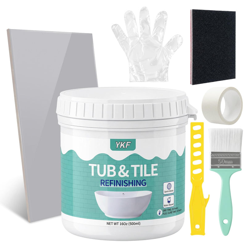Tub and Tile Refinishing Kit - Light Gray Water-Based Polyurethane Paint - Odorless DIY Resurfacing for Floor Tiles, Countertops, Vanities & Shower Walls - No Mixing, Scuff-Resistant & Washable Semi-Gloss Finish (Modern Concrete Look) (16 oz)