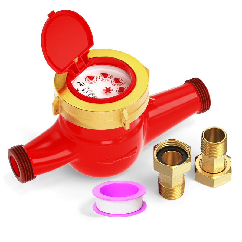 Hot Water Meter, 3/4" NPT Thread Couplings, with Brass Coupling Pipe Fitting, Horizontal Install, for use in Home hot Water Systems