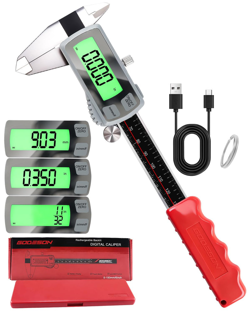 GODESON 6" Digital Caliper, USB-C Rechargeable Electronic Caliper, 0–150mm Stainless Steel, 0.02mm Accuracy, Backlit LCD, TouchButton,Inch/MM/Fraction, Measuring Tool for Woodworking, DIY