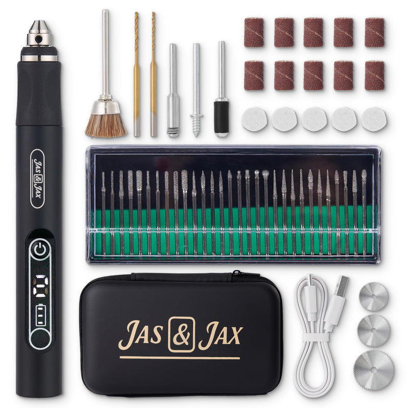 Jas & Jax Matte Black Engraving Pen - USB Rechargeable Mini Electric Engraver, Cordless Rotary Tool for Wood, Metal, Glass, Jewelry, Stone, Leather & Plastic Etching (54 Accessories)