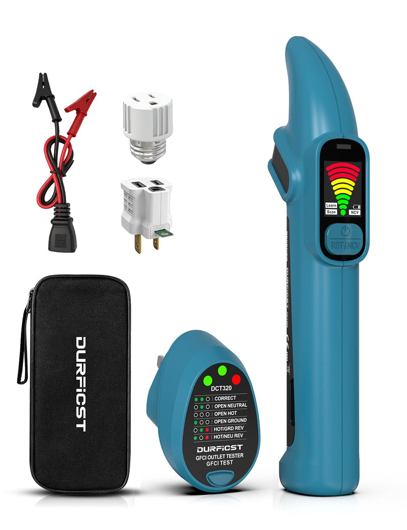 DURFICST Circuit Breaker Finder with GFCI Outlet Tester, 90-135V NCV Electrical Circuit Tracer Tool with LCD Display & Buzzer Alarm for Electricians/DIY, Includes Adapters and Carrying Case DCT320KIT