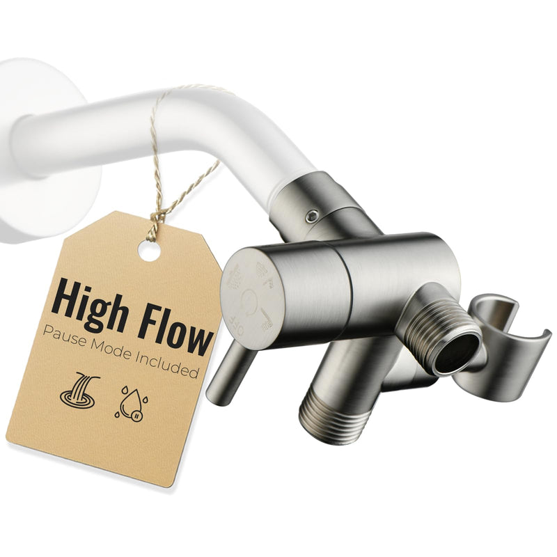 G-Promise All Metal High-Flow Shower Diverter Valve with Holder, 3-Way Splitter with Pause Mode for Handheld and Fixed Shower Head, Bathroom Universal Adapter System Replacement Part (Brushed Nickel) Brushed Nickel