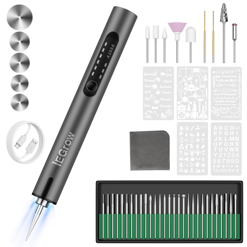 Electric Engraving Pen with LED Light, 3 Speeds Mini DIY Etching Tool,USB-C Rechargeable Electric Engraver Tool with 44 Bits,Cordless Engraving Pen for Metal, Wood, Glass and Plastic,Grey Grey