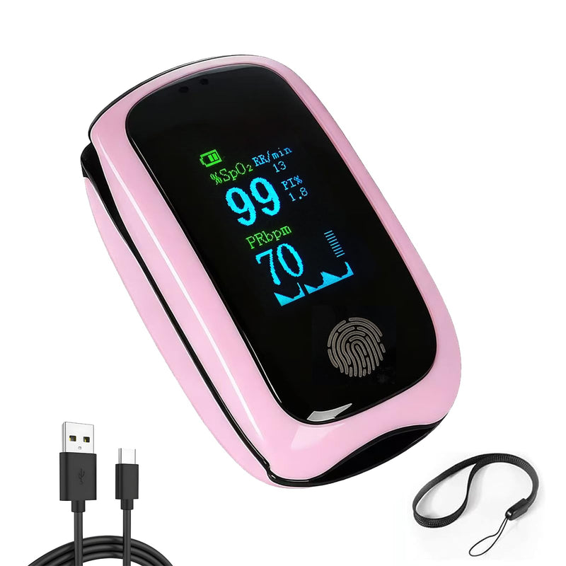 Pulse Oximeter with Respiration, Rechargeable Fingertip Pulse Oximeter Blood Oxygen Monitor with Pulse Readings, Portable O2 Saturation Monitor for Sports and Travel, Pink Pulse Oximeter for Daily Wellness