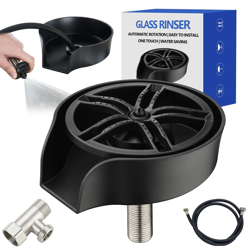 Glass Rinser for Kitchen Sink, Cup Cleaner Sink Attachment, Cup Rinser for Sink High Pressure Cup Washer with Pull-out Spray, Bar Cafe Restaurant Bottle Rinser, 360 Degree Rotating Quick Clean (Black) Black