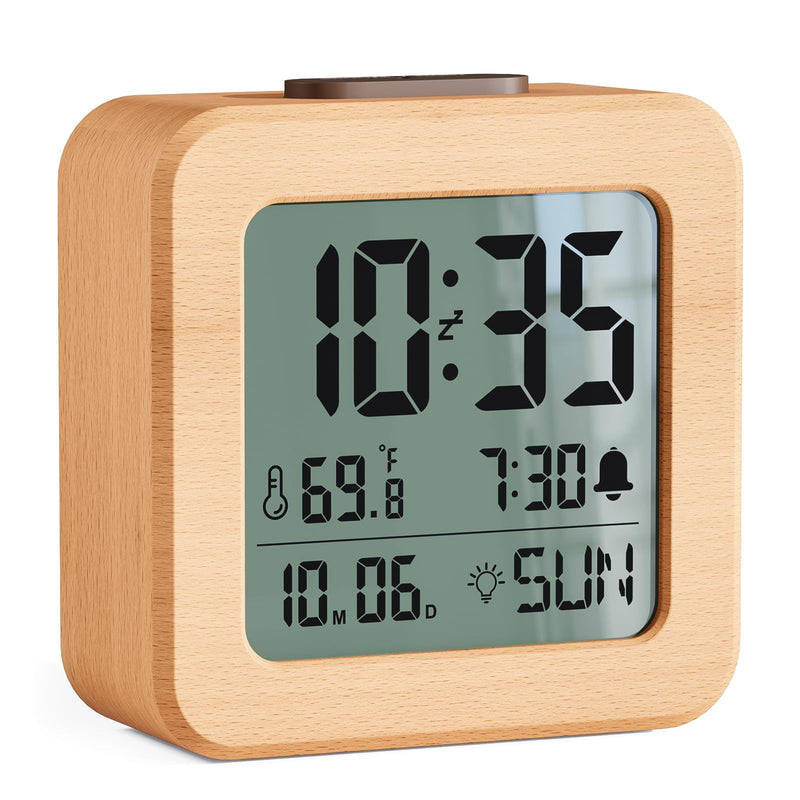 CHEREEKI Battery Operated Clock with Real Wood Case, Loud Alarm, Snooze, Automatic Light Sensor, Temperature, Date and Day of the Week Display (3 AAA Batteries Included)
