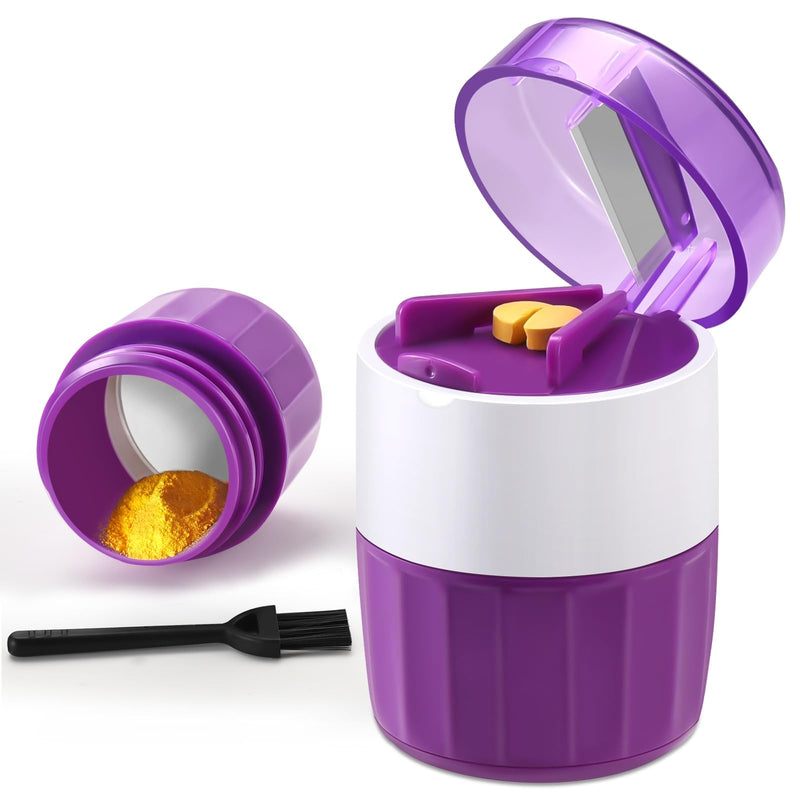 3-in-1 Pill Crusher and Pill Cutter, Pills Crusher Fine Powder with Stainless Steel Grinding Head, Pil Grinder with Storage for Tablets, Cutter Splitter for Small and Tiny Pills (Purple) Purple