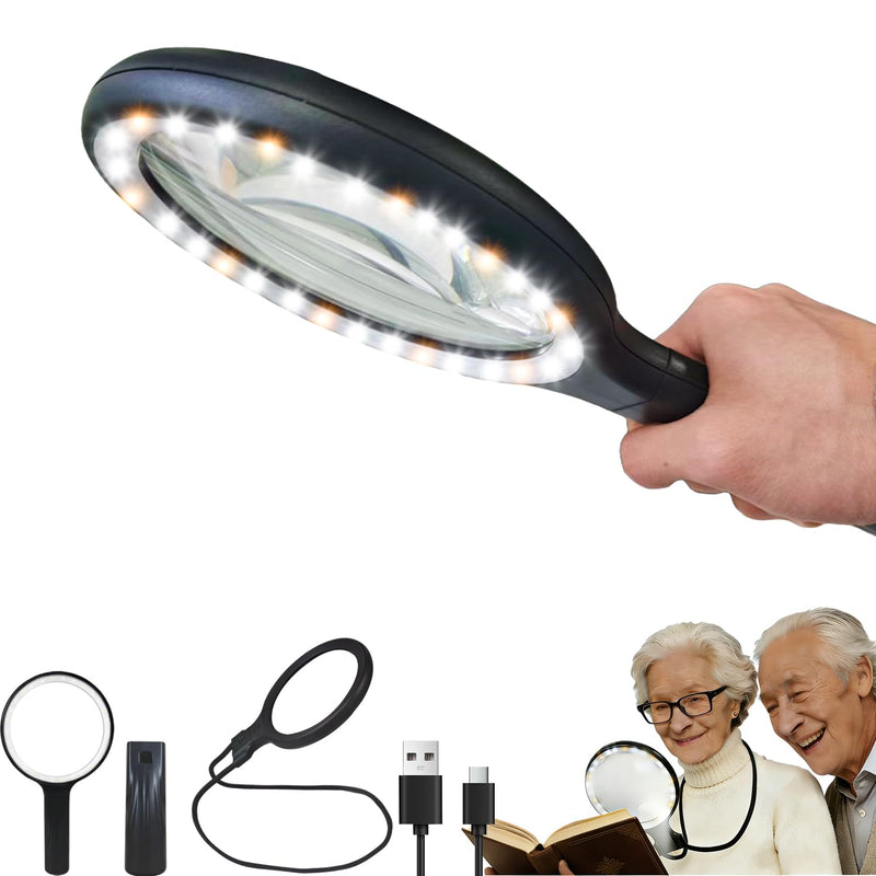 Hands-Free Magnifying Glass with Light, Rechargeable Neck Magnifier for Reading, Crafts, Cross Stitch - Adjustable Brightness for Low Vision Seniors & Close Work (White & Warm Light) White & Warm Light