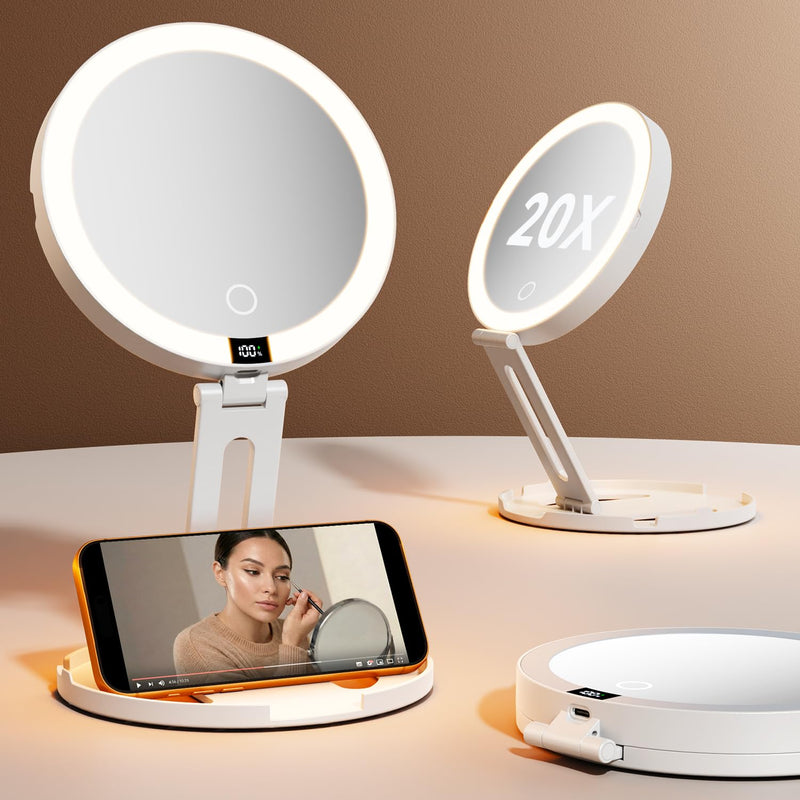 Travel Makeup Mirror with Lights (Gen 3) - 20X/1X Dual Sided Magnifying Mirror with Digital Power Display - Rechargeable, 3 Color Dimmable, CRI 95+ - Portable Folding Design White