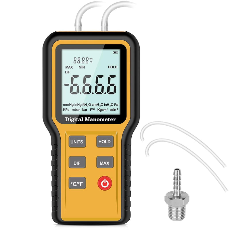 Digital Manometer HVAC, Differential Dual-Port Gas Pressure Tester, | 12 Units Differential Pressure Gauge, Data Storage & Zeroing, Air Pressure Meter, LCD Display Backlit for HVAC 0.4&0.4inch