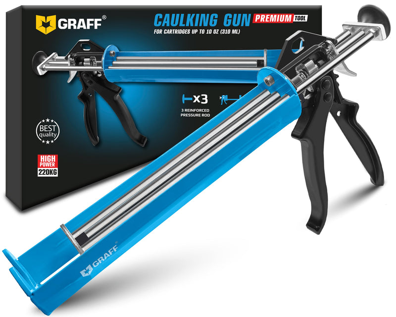 Professional Heavy-Duty Caulking Gun 26:1 Thrust Ratio, Triple Push Rod Dripless Silicone Caulk Gun with Metal Handle, Adjustable Trigger, Fits 5–10 oz Cartridges for Silicone Acrylic & Sealants GRAFF