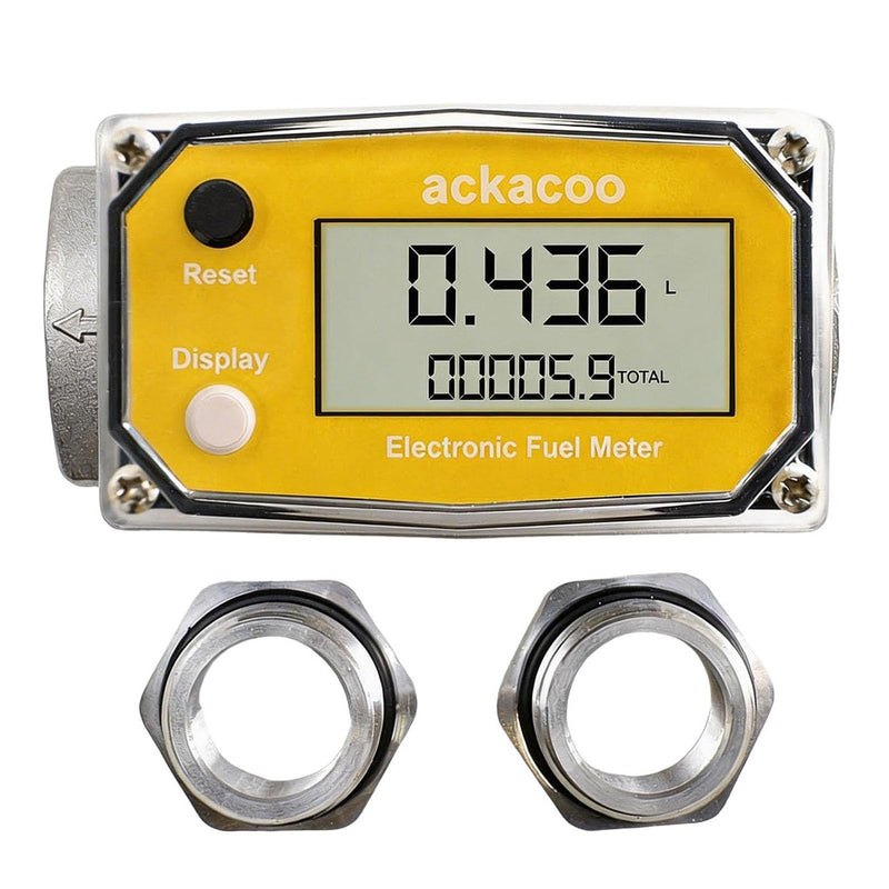 1 Inch Digital Turbine Fuel Flow Meter 2.6-26 GPM with 3/4 Adapters NPT Aluminum Battery Powered LCD Water Flow Meter for Diesel Gasoline Water Oil - Measures Gallon, QTS, PTS, L, m³