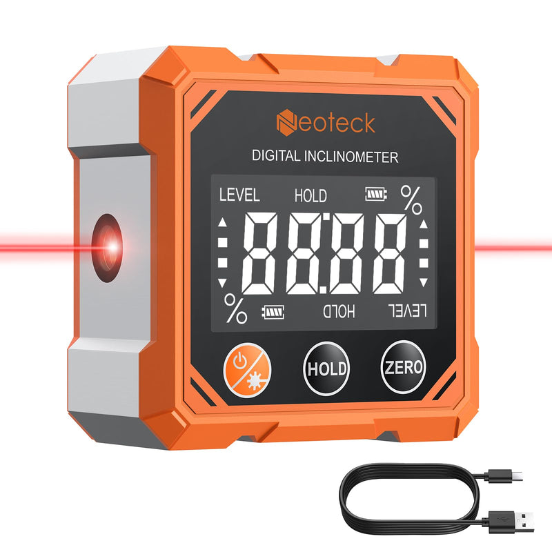 Neoteck 4-Side Magnetic Digital Angle Finder with Laser (Class 2,<1mW Output) 4x90°Angle Finder Tool Rechargeable Digital Angle Gauge with Backlight Screen Digital Laser Level for Hanging Construction