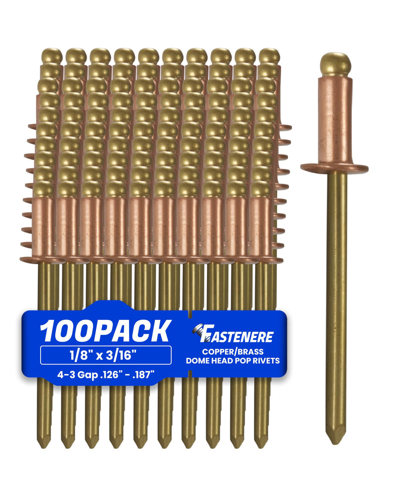 Fastenere Copper Pop Rivets - 1/8" x 3/16" (100 Pack) Copper Body Brass Mandrel, Heavy Duty, Open-End, Dome-Head Blind Rivets, Corrosion-Resistant & High Shear Strength, 4-3 Gap .126" - .187" 1/8" x 3/16" (100 Pack)