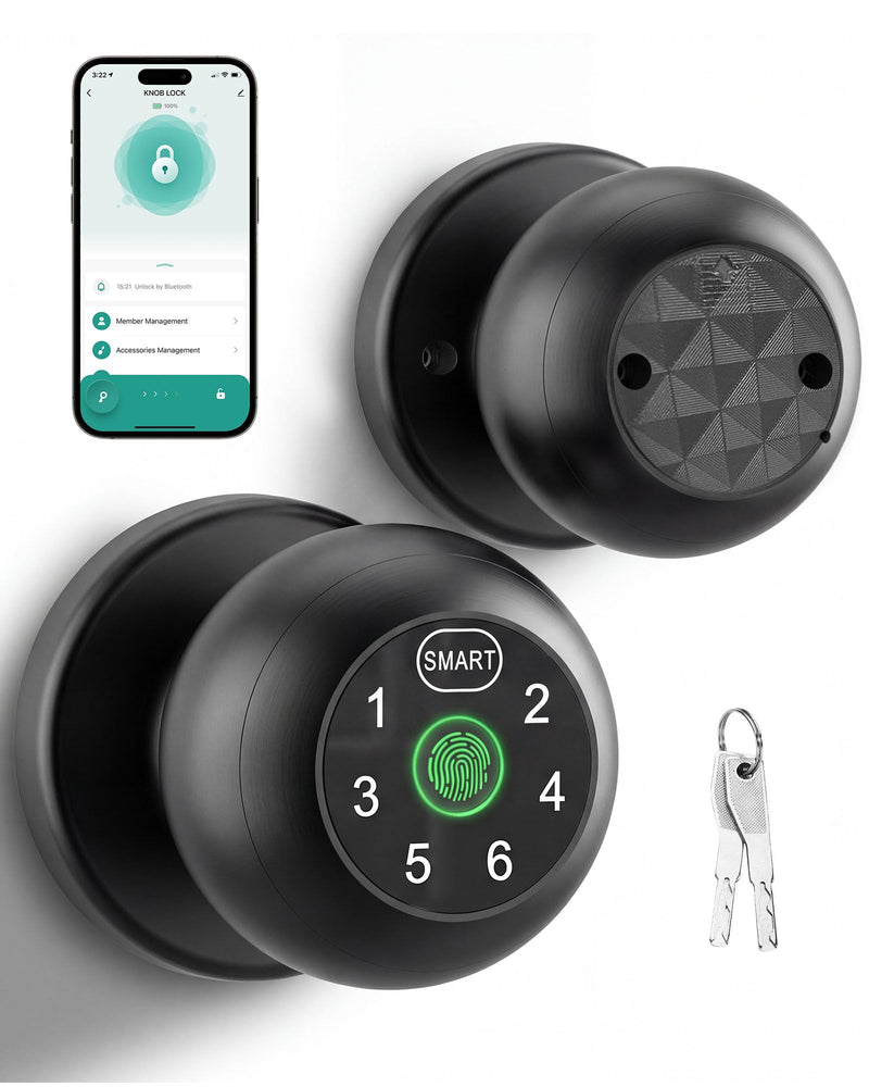 Smart Door Knob Fingerprint Door Lock with Keypad, Biometric Door Knob with APP, Keyless Entry Door Lock with Handle for Home Office Apartment Hotel Garage (Black)