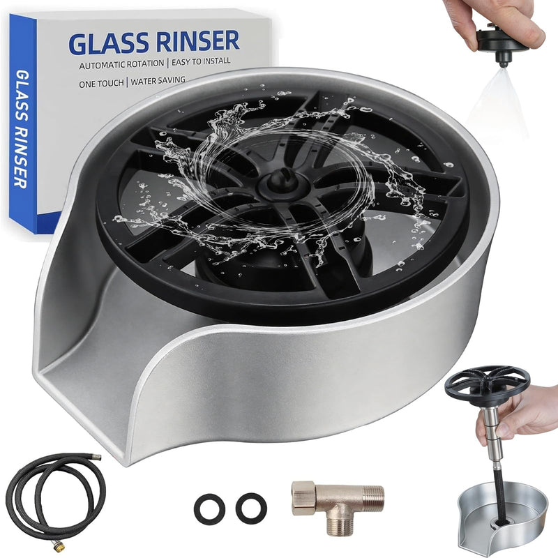 Glass Rinser for Kitchen Sink, High Pressure 360 Degree Rotating Glass Rinser with Pull-Out Spray Gun, Cup Washer Kitchen Sink Attachment Silver