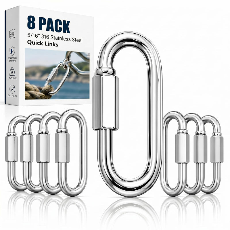 8 Pack 5/16" 316 Stainless Steel Heavy Duty Quick Links D-Shape Locking Chain Connectors 875-2300 Lbs Working Load Marine Grade Safety Links for Towing Marine Camping Industrial Use 5/16"