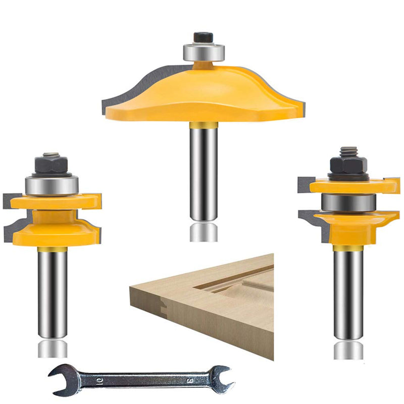 LEATBUY 3 PCS Router Bit Set 1/2-Inch Shank Woodwork Round Over Raised Panel Cabinet Door Rail and Stile Router Bits Sets Woodworking Wood Cutter Carbide Groove Tongue Milling Tool (AJ-5) AJ-5