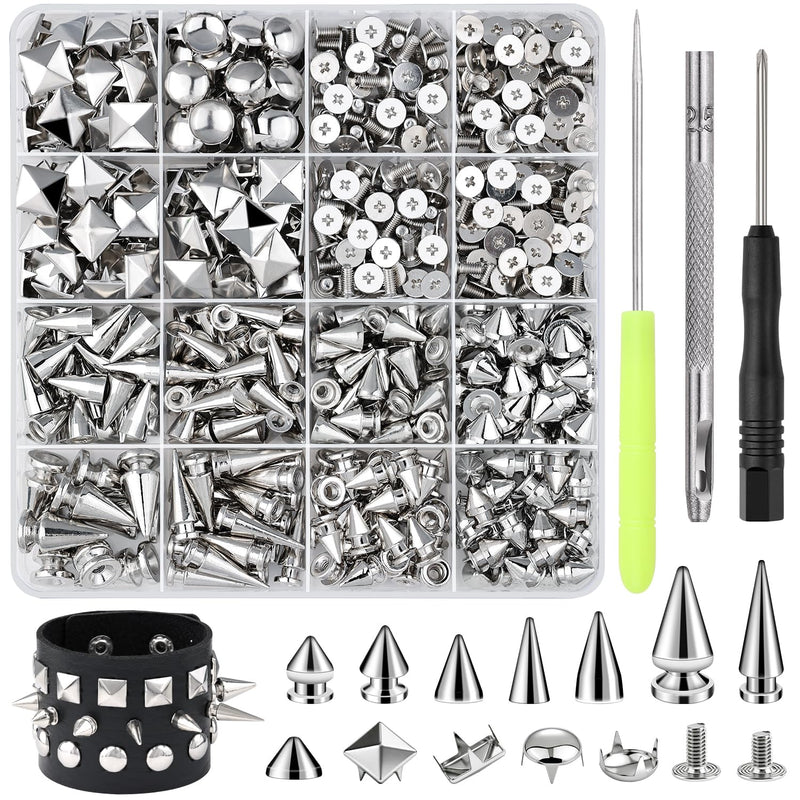 630 Pcs Punk Studs for Clothing, 10 Sizes Cone Spikes for Clothes, Square & Round Dome Pyramid Studs and Spikes, Leather Rivets Metal Spike for Crafts Bags Belts Shoes Caps Necklace Decor with Tools 01 630 Pcs Multi Sizes Silver Studs