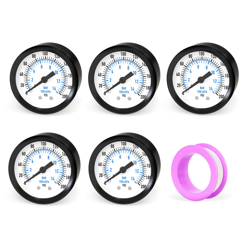 MEANLIN MEASURE 5PCS 0~200Psi Well Pump Pressure Gauge 1/4" NPT 2" FACE DIAL with Teflon Tape for Water Oil Air Well Pump Tank Tire Pressure Test Center Back Mount 0~200Psi/5PCS 1/4"NPT Back Mount