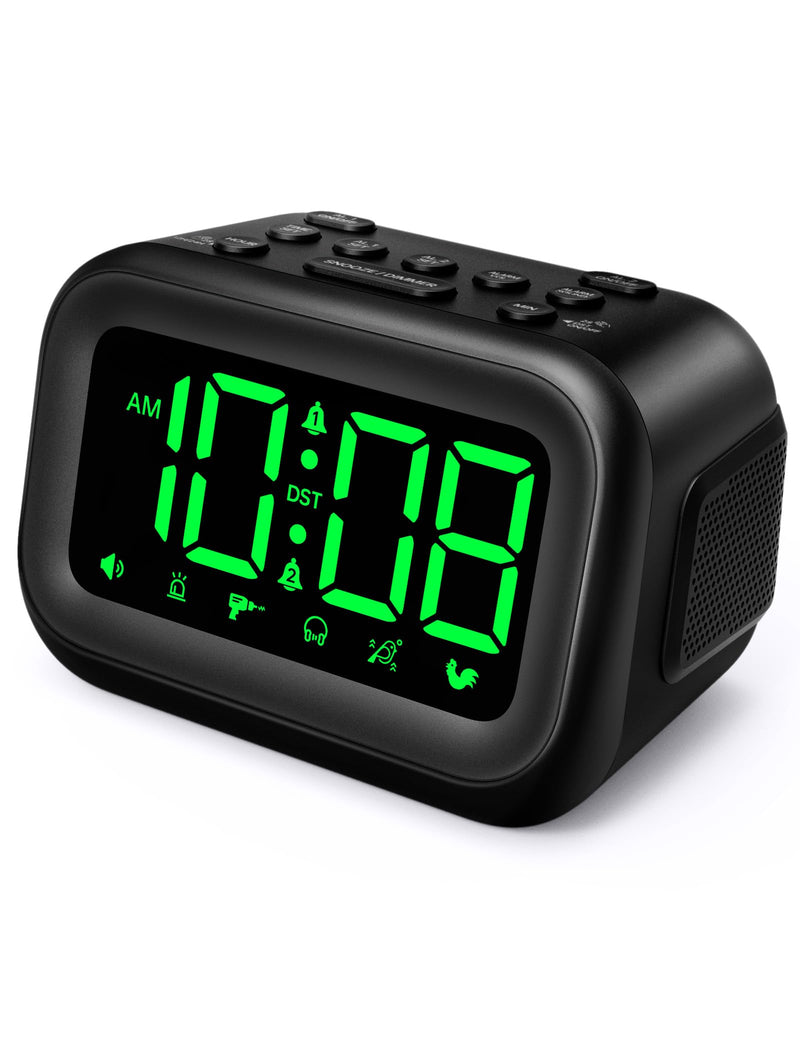 Extra Loud Alarm Clock: 115dB Dual Alarms and 6 Unique Alarm Sounds for Heavy Sleepers - Adult Students for Bedroom On-Time Wake-Ups - Green Digits Black - Green Digits