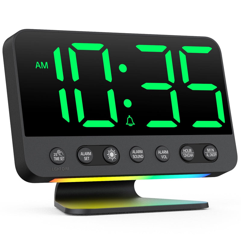 Digital Alarm Clock with Large Numbers for Bedrooms: Bold Display Readable Across The Room with 5 Level Brightness - 5 Alarm Sounds 8 Night Lights for Kids Seniors Teens - Green Black - Green Digits