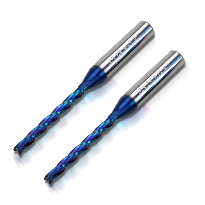 CNC Router Bit 1/8" Cutting Dia 1/4" Shank 3-Flute Extra Long End Mills | Upcut Spiral Solid Carbide End Mill with Blue Nano Coating for Wood, PVC, Aluminum PVC Engraving, 2PCS