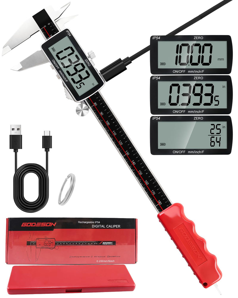 GODESON 8" Digital Caliper, 0.001" Precision Rechargeable Vernier Caliper - USB-C, IP54 Protection，Full Stainless Steel, Inch/MM/Fraction, Large LCD Measuring Tool for Machining, DIY & 3D Printing