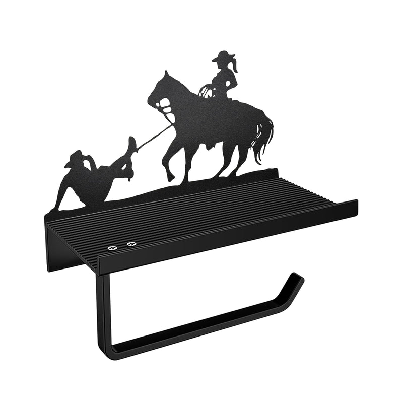 Western Toilet Paper Holder with Shelf, Rustic Farmhouse Toilet Paper Holder Funny Cowboy Bathroom Decor, Country Western Bathroom Accessories Metal Toilet Paper Roll Holder for Wall Mount Bathroom