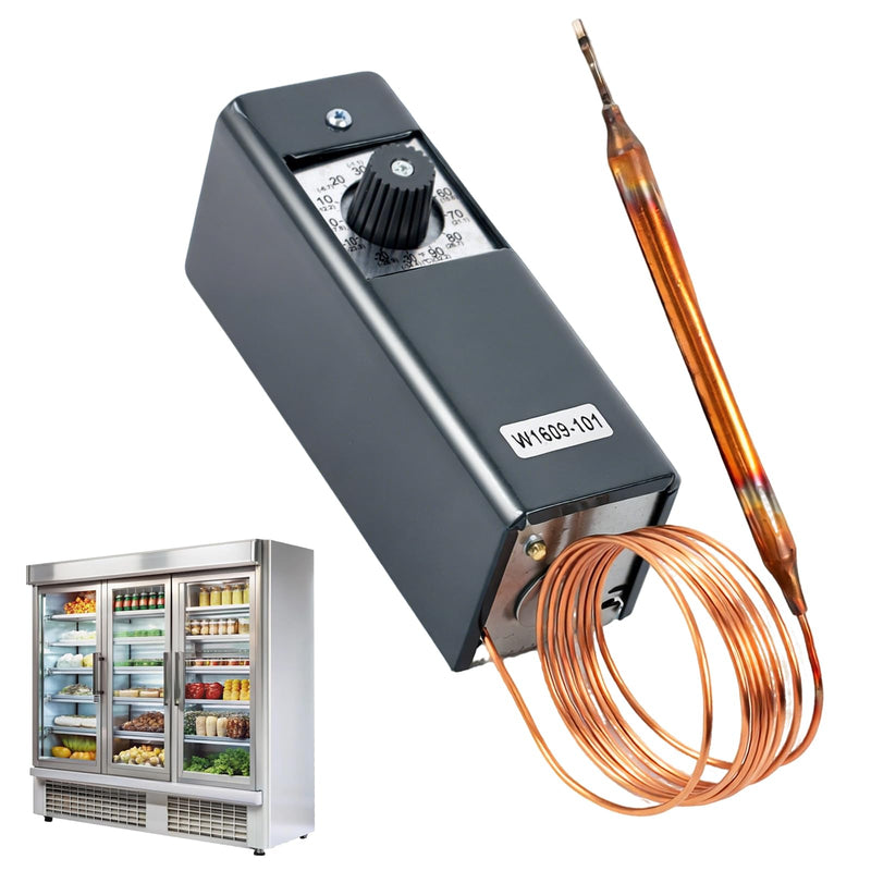 W1609-101 Refrigeratior Thermostat Temperature Controller, from -30 Degrees F to 90 Degrees F (-34 °C to 32 °C), 5 Ft Capillary Remote Bulb Controller, Temperature Control for freezers & Coolers