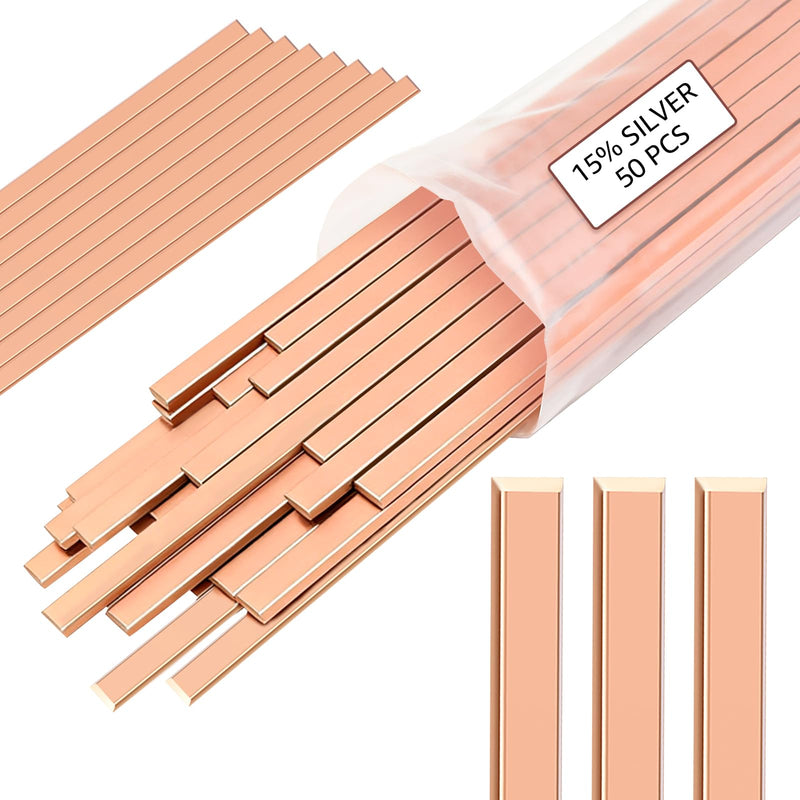50 Sticks 15% Silver Brazing Rods AWS BCuP-5 15% Silver Solder Phos Copper Brazing Alloys Flat Welding Rods 0.050"x1/8"x10" for HVAC Refrigeration Air Conditioning Cold Storage Equipment (50 Pcs) 50 PCS - Flat Brazing Rods