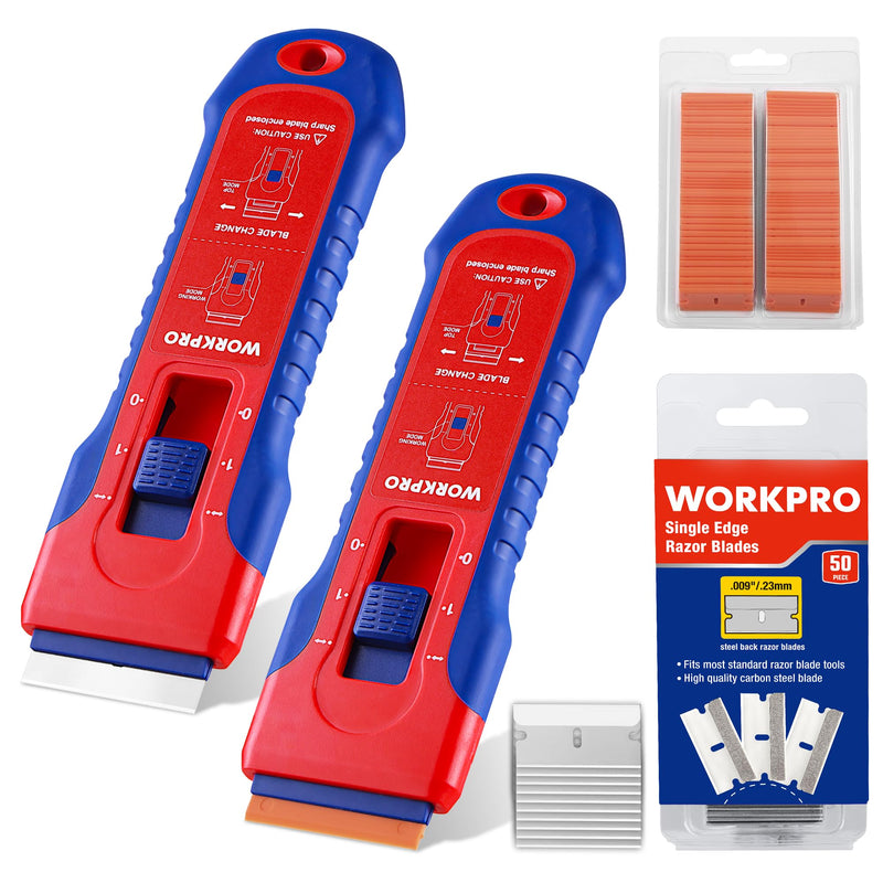 WORKPRO 2-Pack Retractable Razor Scrapers with 182 Metal & Plastic Blades 2 Pack + 182 Blades
