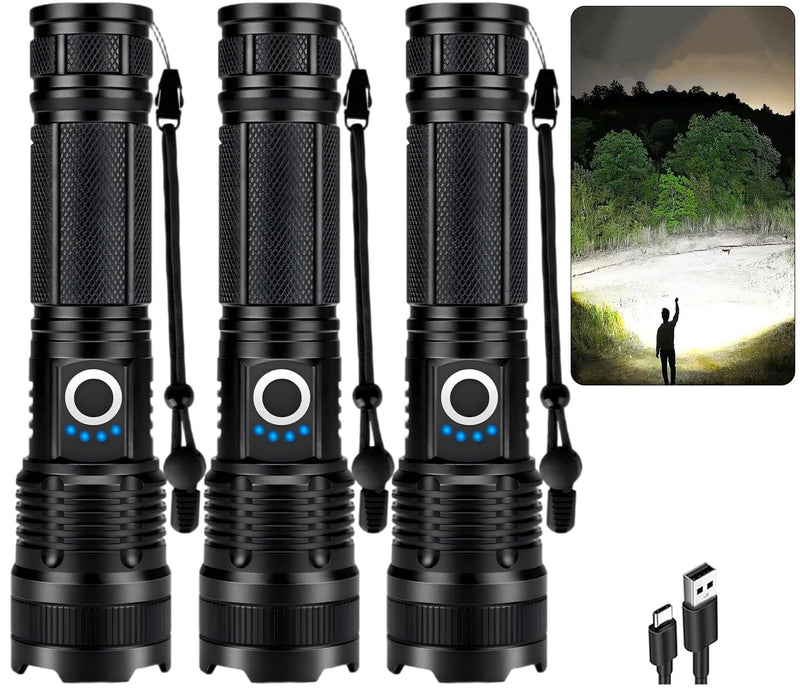 3 Pack Rechargeable Flashlight High Lumens, 99,000 Lumens Super Bright LED Flashlights with Adjustable Focus, 5 Modes, IPX7 Waterproof Powerful Flashlight for Camping, Hiking, Home