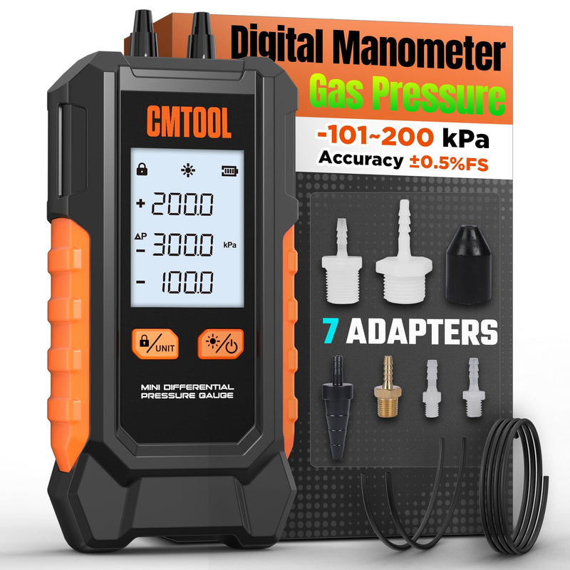 Manometer Gas Pressure Tester, Digital Manometer, -100-200Kpa, 6 Units Differential Pressure Gauge, Max/Min/Data Storage, 2-Port Tester for HVAC/Automotive Brake/Industrial/Lab Calibration (Mini) Mini
