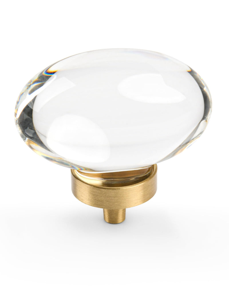 Jovenille-Solid Brass Crystal Glass Kitchen Cabinet Knobs 5 Pack, Oval Shape Glass Brushed Gold Drawer Dresser Knobs,Decorative Cupboard Wardrobe Pulls, Modern Cabinet Hardware for Bathroom