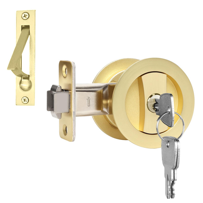 Dontay Pocket Door Keyed Lock with Handles, Round Contemporary Entrance Sliding Barn Door Lock Latch, Recessed 2 Sided, 2-3/8 inch Backset, Flush Handles Hardware(Satin Brass,1) Satin Brass 1