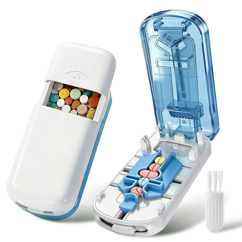 Professional Pill Cutter for Small Pills, 3-in-1 Pill Cutter Splitter for Small or Large Pills- Safely Cuts 1/2, 1/3, and 1/4 Multiple Pills Splitter, Adjustable Pill Cutter with Storage Box (Blue) Blue