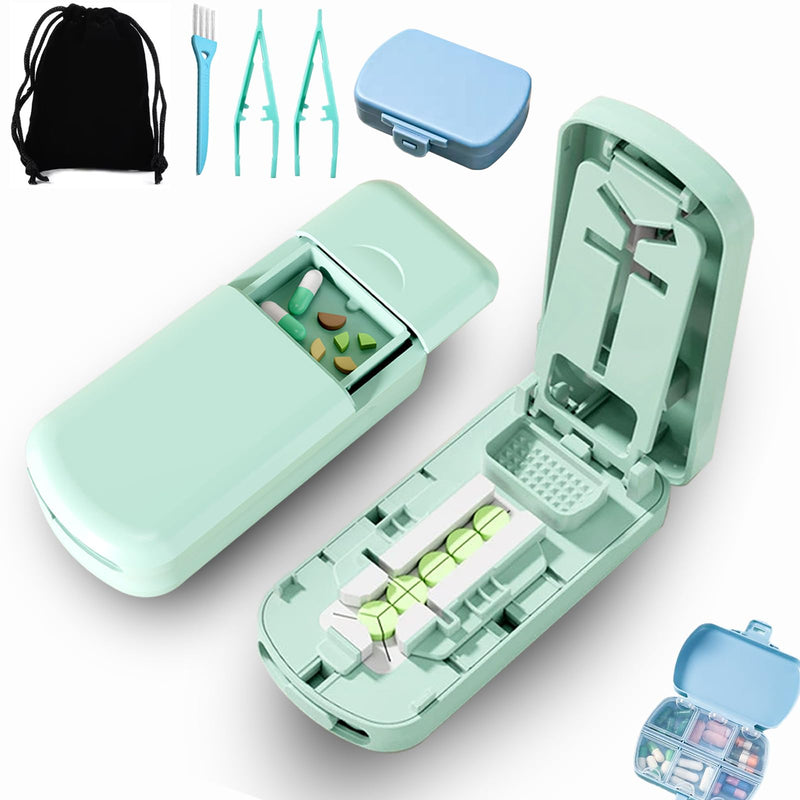 Pill Cutter Splitter - 1/2 1/3 1/4 Tablet Slicer for Tiny Large Pills, Centering Device, Stainless Steel Blade, Pill Crusher for Fine Powder, Portable with Storage Bag, Tweezers & Cleaning Brush