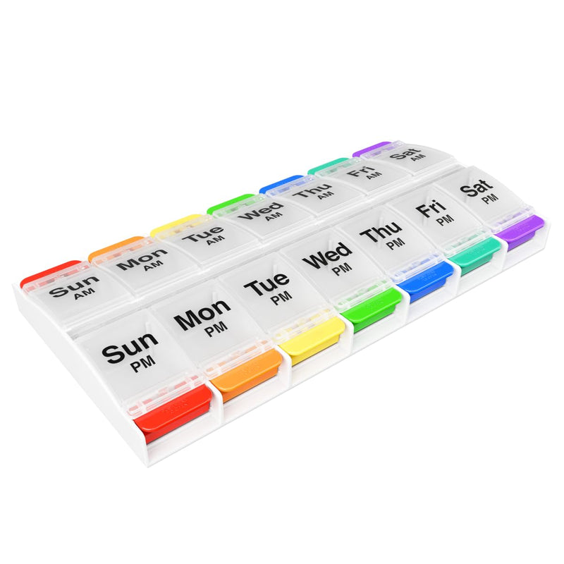 EZY DOSE Push Button (7-Day) Pill Case, Medicine Planner, Vitamin Organizer, 2 Times a Day, AM/PM Container, X-Large Compartments, Arthritis Friendly, Easy to Use, Clear Lids, Rainbow, BPA Free Rainbow/Clear
