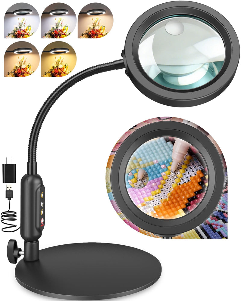 30X 10X Magnifying Glass with Light and Stand, 5 Color Modes Stepless Dimmable, Optical Grade HD Lens, LED Lighted Magnifier Hands Free with Flexible Gooseneck for Close Work, Craft, Hobby, Painting Black