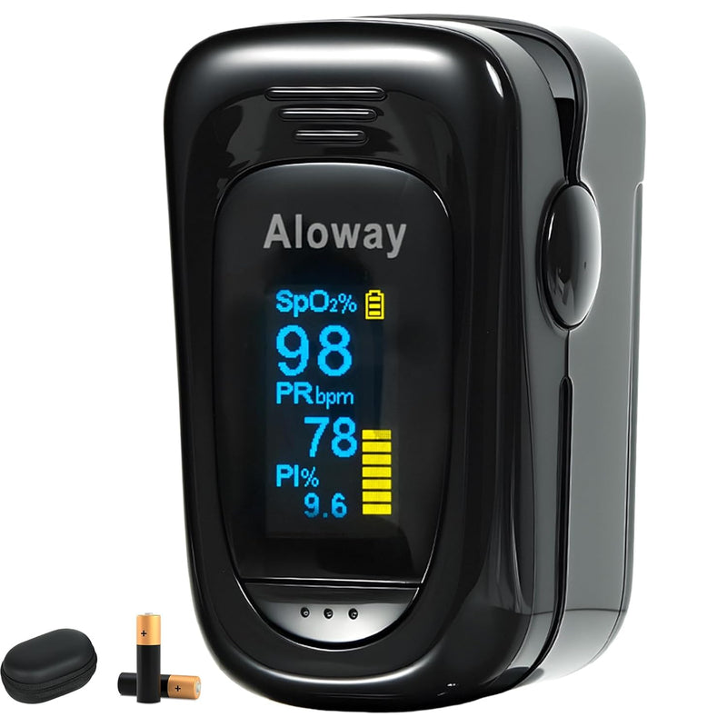 Pulse Oximeter, OLED Display Oxygen Monitor Fingertip with Case, Blood Oxygen Saturation Monitor (SpO2) with Alarm, Batteries & Lanyard (Black) Black